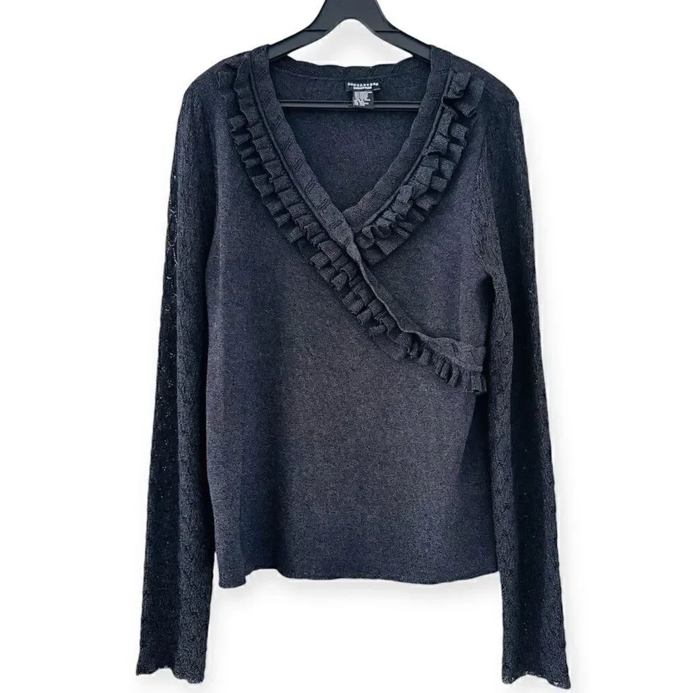 Doncaster Black Ruffle Front V-Neck Metallic Crochet Sleeve Sweater Size XL